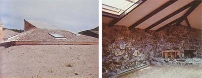 LEFT: The atrium's glazing faces into the sun to catch badly needed high-mountain rays. RIGHT: Interior of room with the skylight. The home's fireplace is at the right side of the picture.